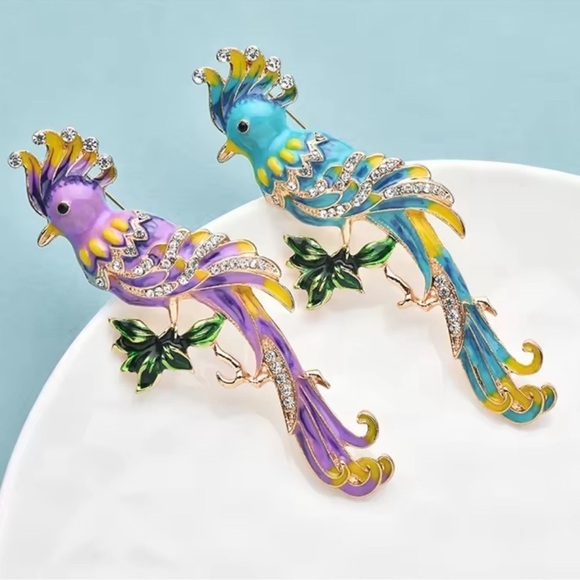 Colorful Bird Blue Gold Brooch - Picture 2 of 6